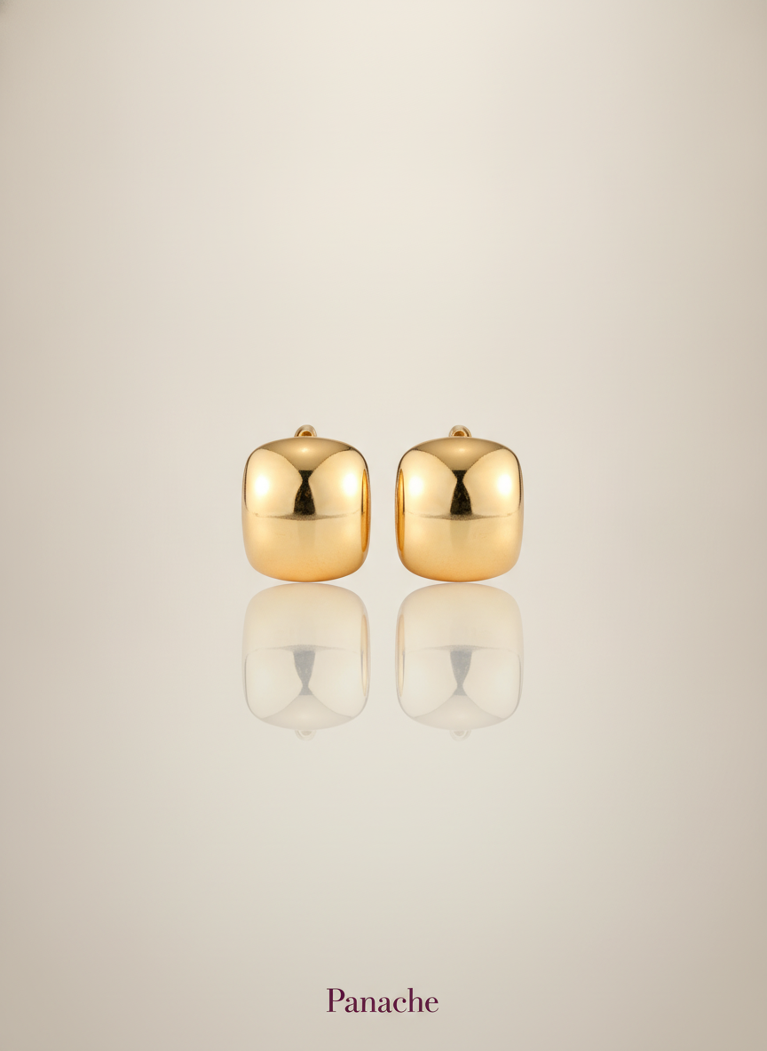 Glossy Gold Cushion Stud Earrings