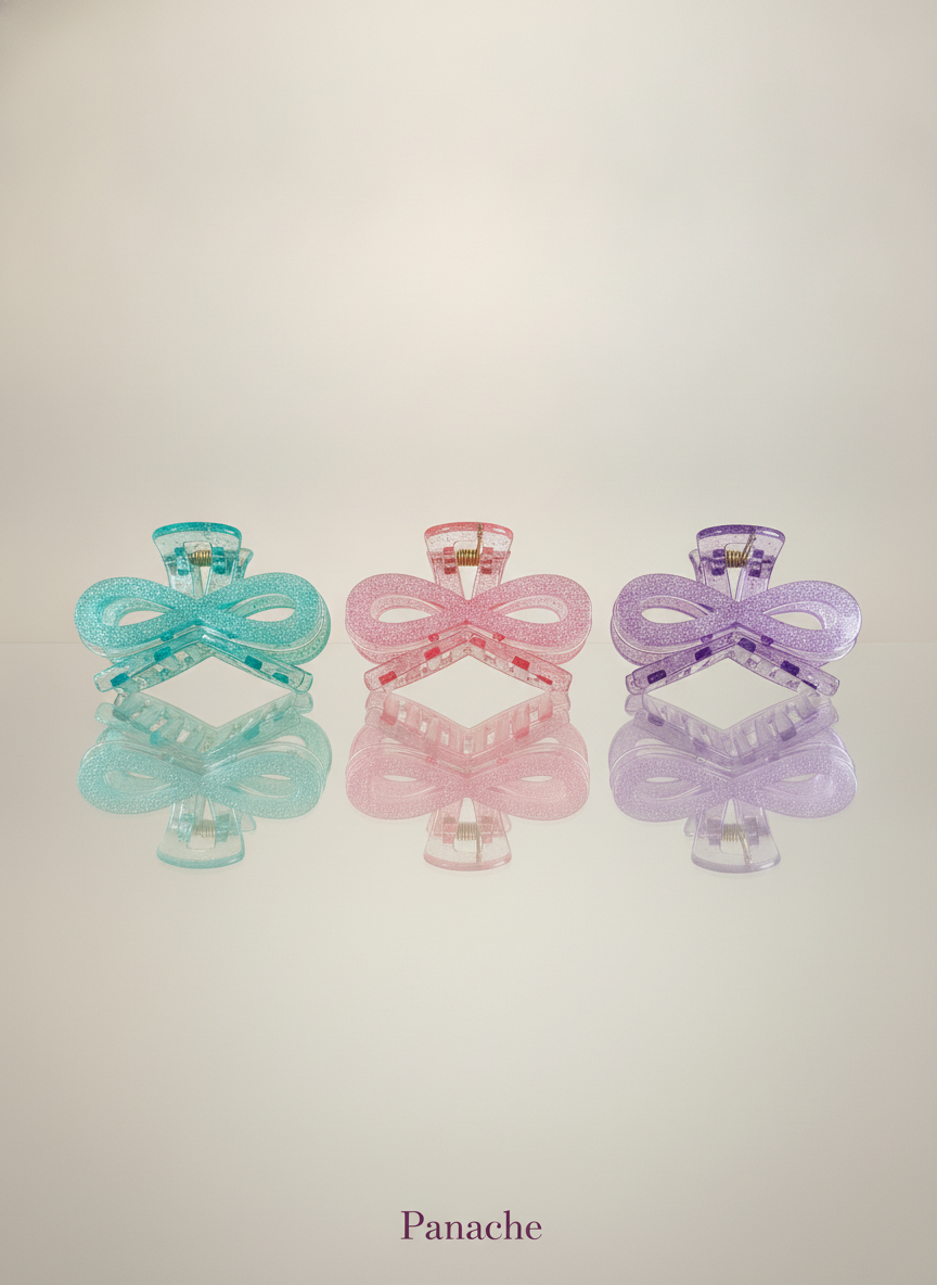 Korean Glitter Bow Claw Clip - 3 Pcs - Multicolor