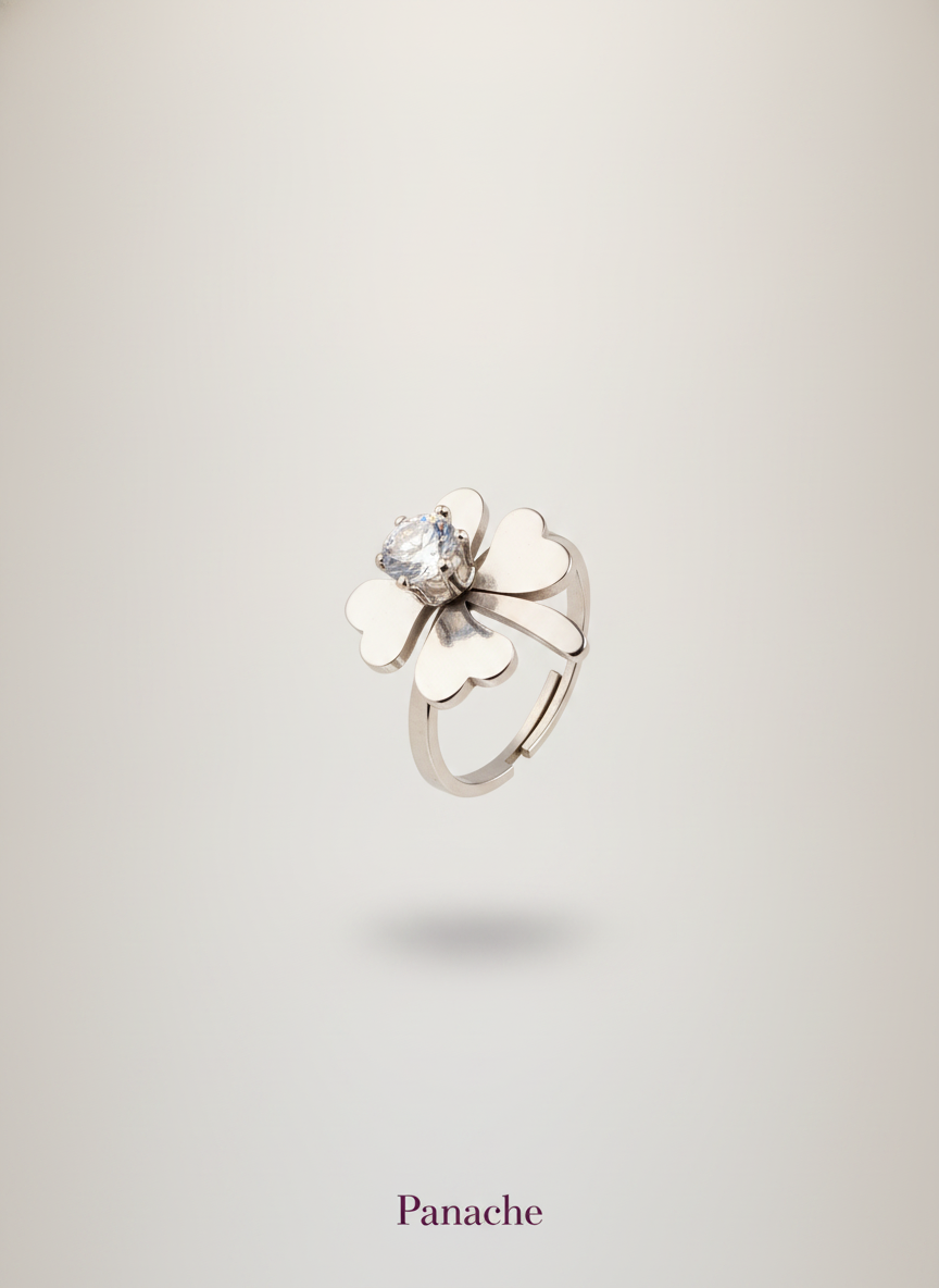 Silver Clover Solitaire Ring