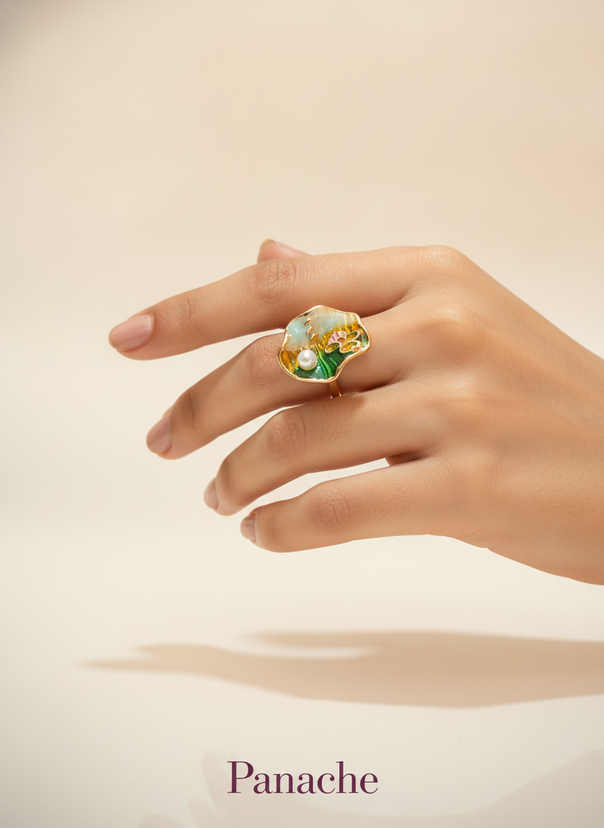 Enamel Lily Pearl Ring