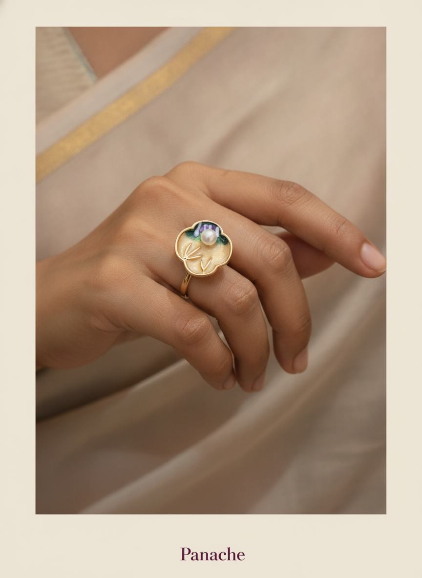 Enamel Lotus Pearl Ring