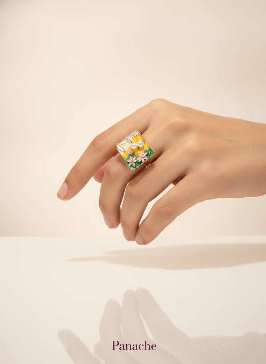 Enamel Floral Pearl Ring