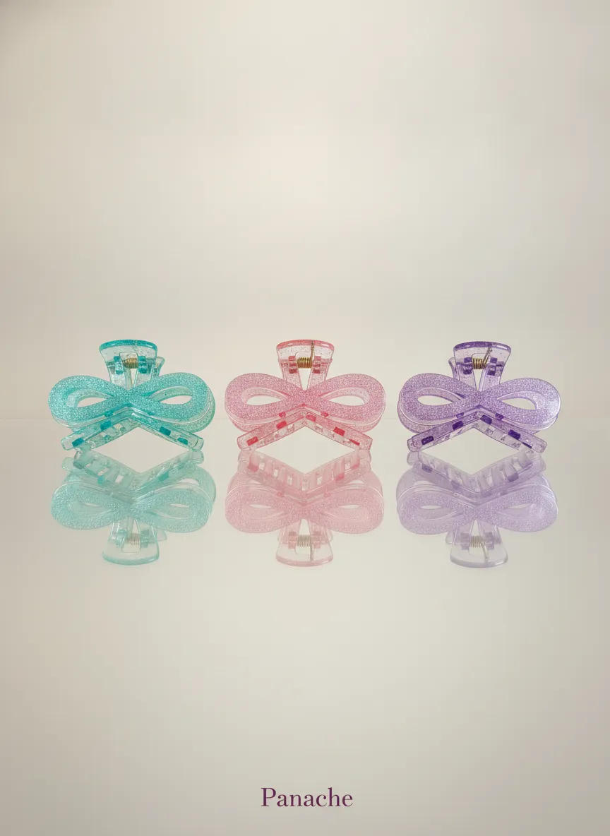 Korean Glitter Bow Claw Clip - 3 Pcs - Multicolor