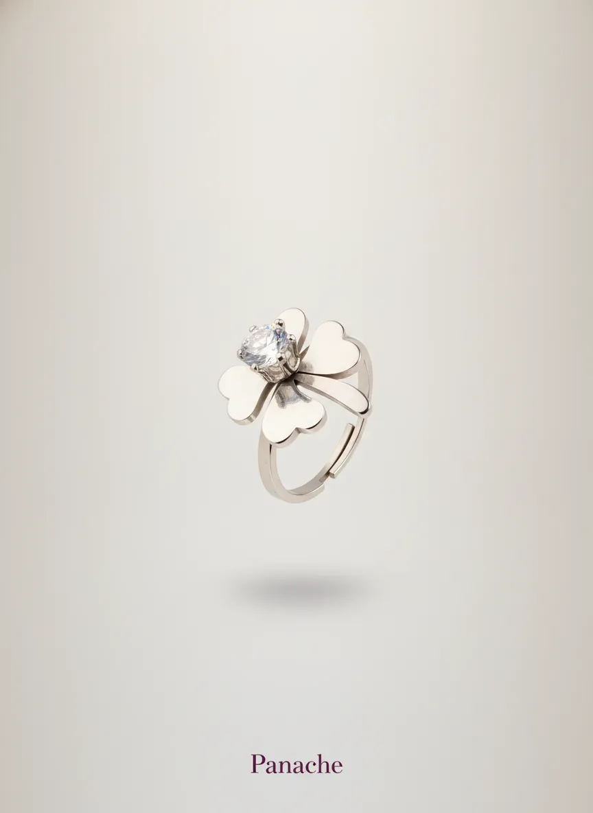 Silver Clover Solitaire Ring