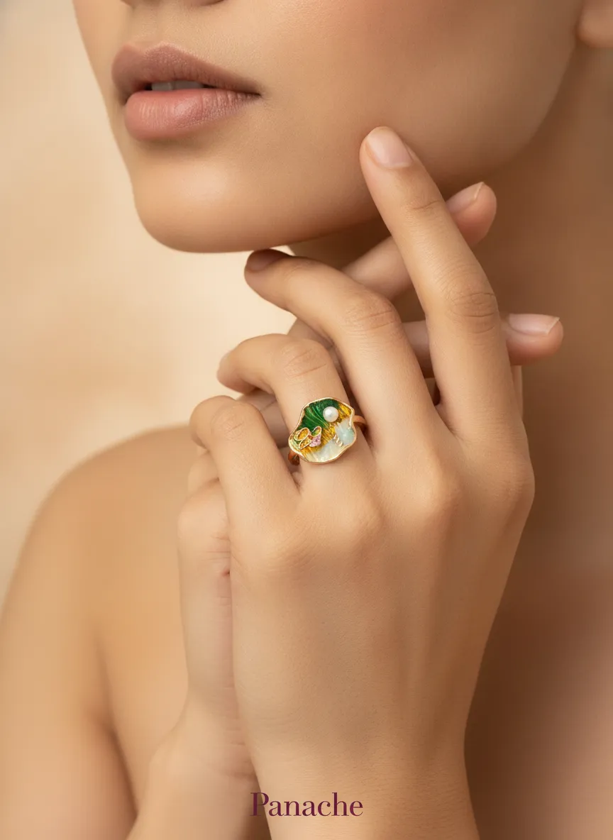Enamel Lily Pearl Ring