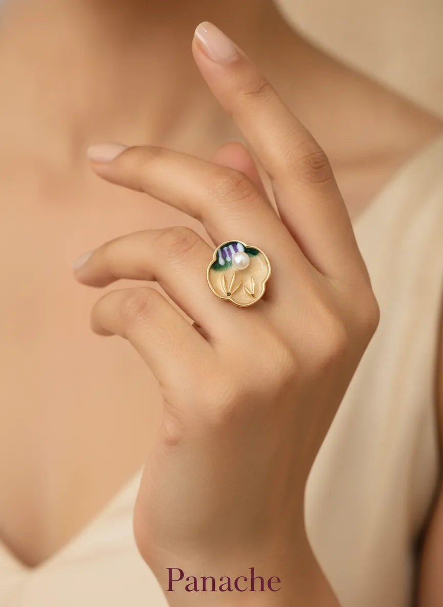 Enamel Lotus Pearl Ring