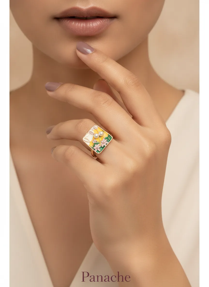 Enamel Floral Pearl Ring