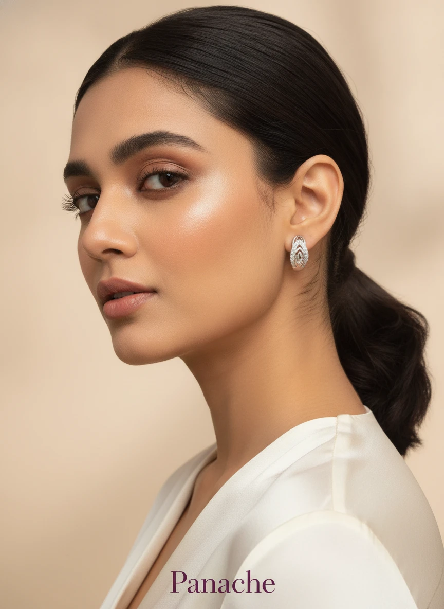 Silver Zircon Leaf Huggie Earrings